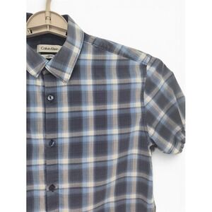 Calvin Klein Mens Blue Grey Plaid Short Sleeve Shirt Slim Fit 100% Cotton Preppy